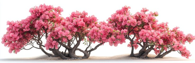 Pink Bonsai Tree with Abundant Blossoms Against White Background