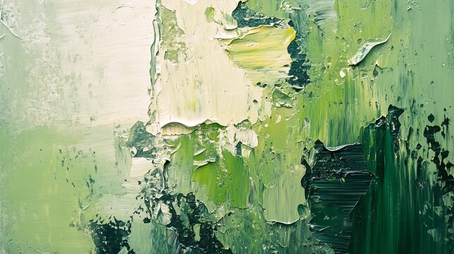 Green, beige oil painting revealing textured surface, brushstrokes blending abstract color tones across canvas
