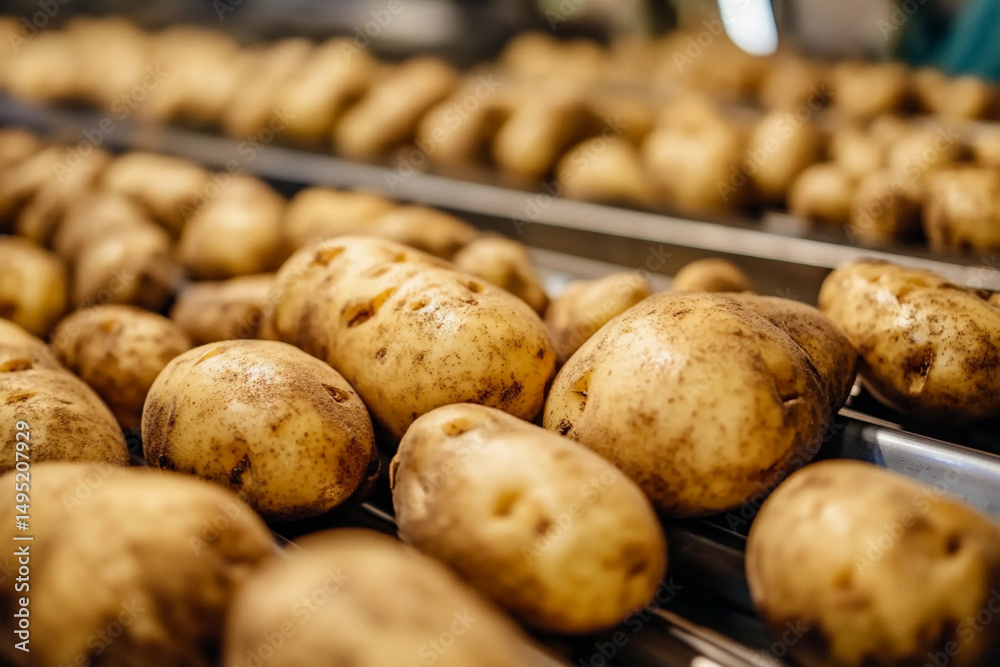 Poster Processing potatoes on conveyor belt in a factory setting Generative AI