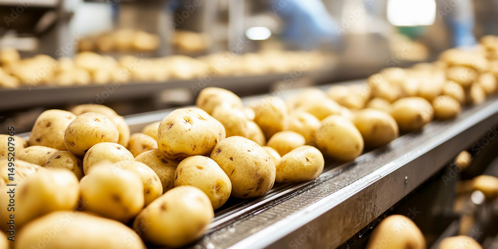 Poster Processing potatoes on a conveyor belt in factory setting Generative AI