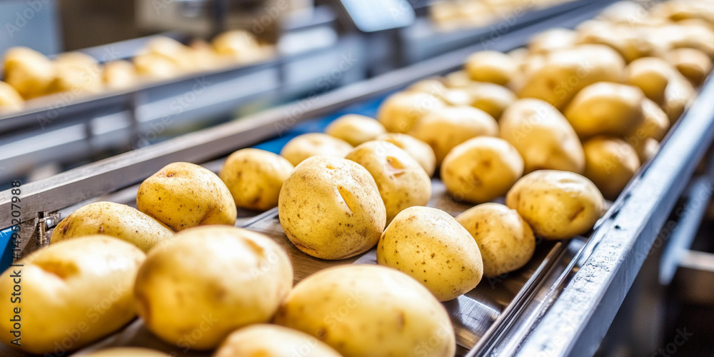 Aufkleber processing potatoes on conveyor belt at factory facility generative ai