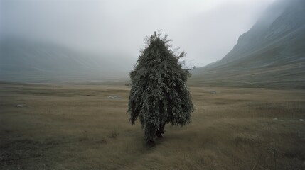 Lone tree stands tall in a vast, misty meadow, surrounded by rugged mountains, evoking solitude and serenity.