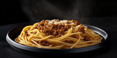 Delicious steaming spaghetti bolognese on a dark plate Generative AI