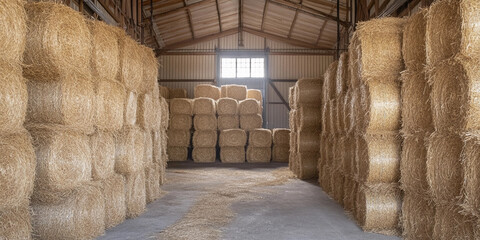 Interior view of a spacious barn with stacked hay bales Generative AI