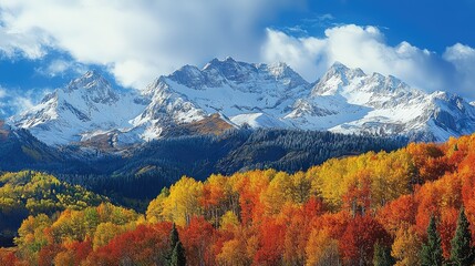 The dramatic contrast of snow-tipped mountains with a forest below dressed in autumn's warm hues of red, gold, and amber.