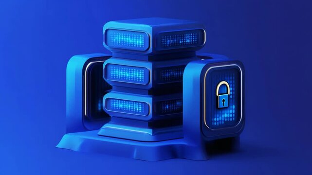 Secure data storage illustration, server with padlock icon