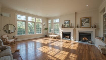 Sunlit Spacious Living Room with Hardwood Floors and Two Fireplaces