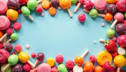 Fototapeta premium A colorful stream of various candies flowing downwards, filling the frame , orange, food