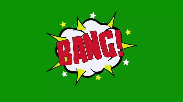 bang Word cartoon bubble explosions Popup Style Expressions Colored Bomb, bang Pop Art Comic Text Animation with Exploding Cartoon Bubbles on Green Screen Background in 4K Motion Graphics.