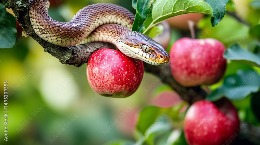Aufkleber snake resting on branch surrounded by ripe red apples