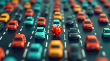 Obraz premium Traffic jam with virus-shaped obstacles, a pandemic metaphor