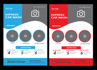 Car wash flyer it color is blue and red  Car Wash Flyer Design Template Layout, Car Cleaning Service flyer