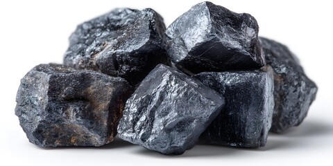 Close-up: rough, black coal pieces. Varied textures (dull to lustrous), fractured surfaces. Isolated on clean bright white background. Sharp studio light.