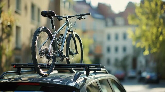 Bicycle mounted atop car roof rack for travel.
