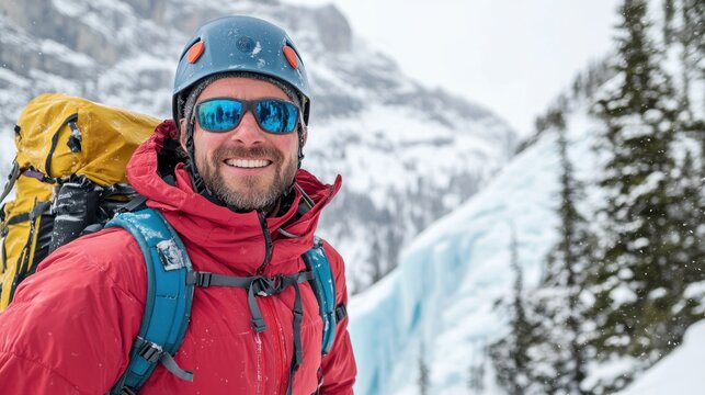 A climber reaching the summit of a frozen waterfall during an ice climbing expedition. stock photo