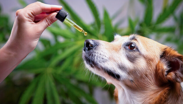 Close-up of hands giving homeopathic drops to a dog. Natural pet care, alternative medicine, and holistic animal health concept.

