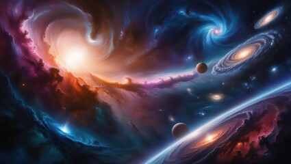 Fototapeta premium Majestic Cosmic Nebula with Galaxies and Planets in Deep Space – Vibrant Universe