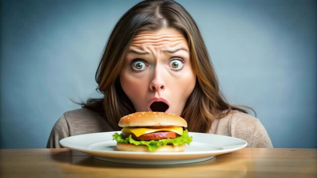 A woman with a worried expression stares at a cheeseburger on a plate in front of her.