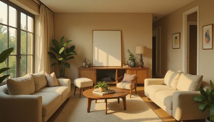 Fototapeta premium Beige Living Room Furniture with Natural Light and Blank Canvas