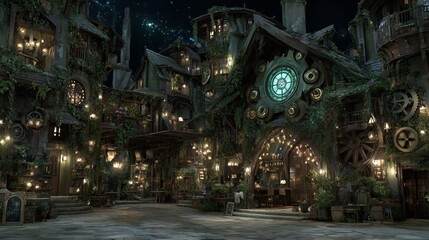 Naklejka premium Urban explorers venture into a Victorian alleyway that has been transformed into a steampunk world with cogs and gears