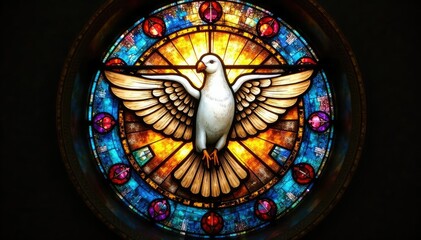 A stained-glass window depicting a dove, symbol of the Holy Spirit , christian, color, spirituality