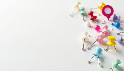 Assorted colorful pins on a clean white background , neat, organized, bright push pins