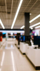 Fototapeta premium Blurred interior of an electronics store with shelves full of gadgets and a video games section. Modern shopping environment.
