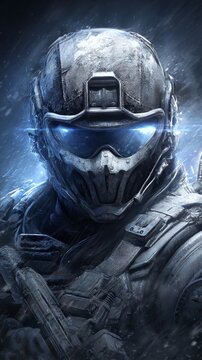 Cyberpunk digital art depicts a futuristic soldier wearing combat armor in the midst of an explosive battleground with dramatic lighting