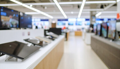 Blurred interior of an electronics store with shelves full of gadgets and a video games section. Modern shopping environment.

