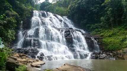 Obraz premium The grand Detian Waterfall cascading down in an impressive series of falls, with water splashing into the pool below surrounded by dense jungle.