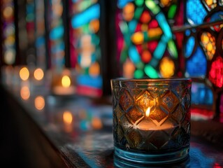 Naklejka premium Candlelight Glows in Stained Glass Window, Symbolizing Hope and Remembrance in a Time of Reflection and Spirituality, Suitable for Religious Observance : Generative AI