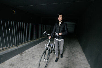 Woman riding a bicycle in a city