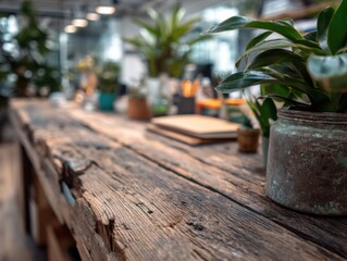 Rustic Wooden Desk With Potted Plants in Modern Office, Representing Sustainable Business Practices and Workplace Wellness for Employee Recruitment : Generative AI
