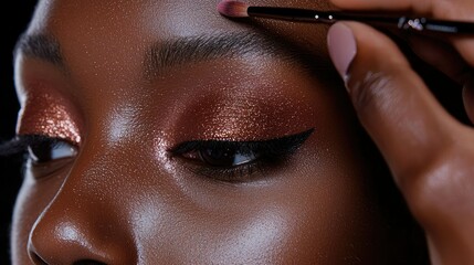 The hand of a makeup artist blending two shades of eyeshadow on a woman's eyelids.
