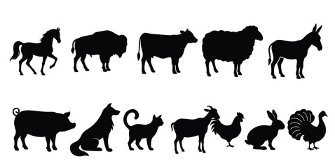 Silhouettes of various farm animals in two rows. Farm animals silhouette isolated on white background.
