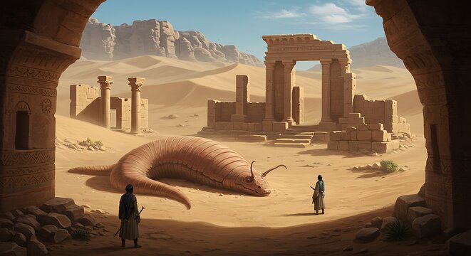 Two figures stand before a colossal worm-like creature amidst the ruins of an ancient desert city, framed by a crumbling archway.