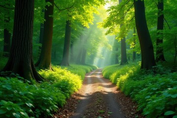 Obraz premium A winding path through a lush green forest, sunlight dappling the leaves , route, sunlight through trees, leaves
