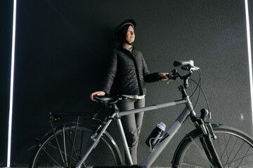 Woman riding a bicycle in a city