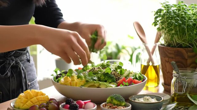 Creative salad preparation in a sunlit kitchen with fresh ingredients and vibrant colors