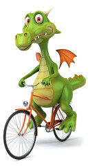 Fototapeta premium Cartoon dragon awkwardly rides orange bicycle