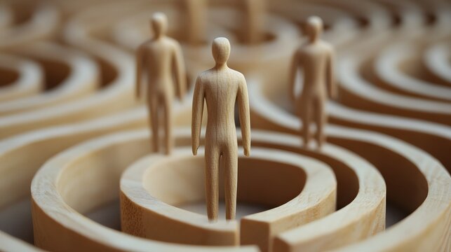 Wooden mannequin figures walking in a circular maze, a metaphor for life's repetitive journey.
