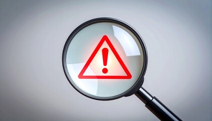 Un símbolo de advertencia rojo bajo una lupa que simboliza la detección de riesgos, alertas de seguridad, investigación de problemas o monitoreo de sistemas en contextos empresariales y tecnológicos.