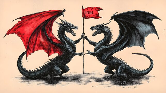 Vintage dragon fighting scene with treat flag
