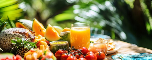Fresh tropical fruits and juice on a sunlit table