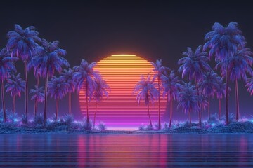 Experience the epitome of 80s vaporwave with a radiant gradient sun, stylized black palm trees, and vintage neon hues on a breathtaking beach scene