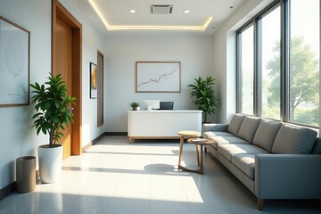 Fototapeta premium Modern, clean GP doctor's office waiting area with comfortable seating and natural light , clinic waiting room, peaceful, gp surgery