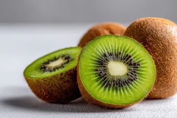 fresh green kiwi fruit slices, packed with vitamins like vitamin c, fiber, antioxidants, and great nutrition for a healthy dessert, smoothie, or salad recipe promoting wellness