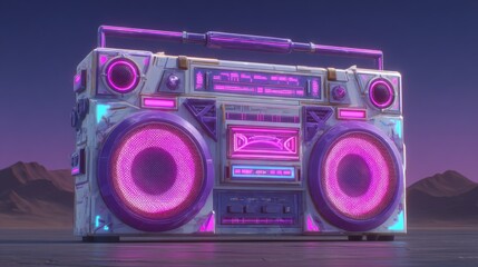 Fototapeta premium Against a dazzling pink and purple sunset with mountains in the distance, a retro boombox with radiant speakers sits atop a sleek, reflective surface