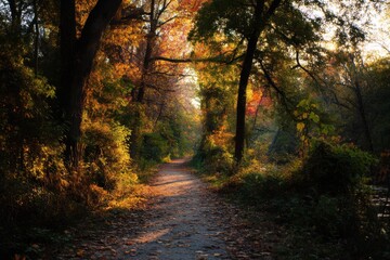 Obraz premium Sunlit Path Through Autumnal Forest, Evoking Serenity and Outdoor Recreation, Perfect for Nature Getaways and Seasonal Promotions : Generative AI