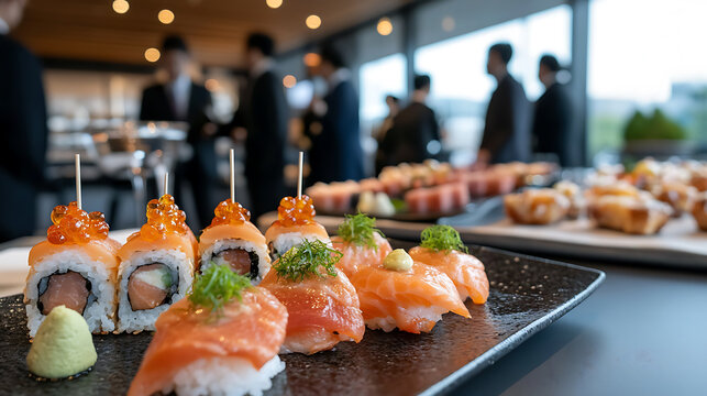A beautifully arranged platter of diverse sushi at a corporate event, highlighting the elegant presentation and culinary artistry. Gastronomy at its finest!